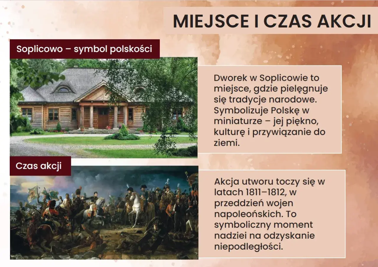 Drewniany dworek i scena batalistyczna z epoki napoleońskiej.