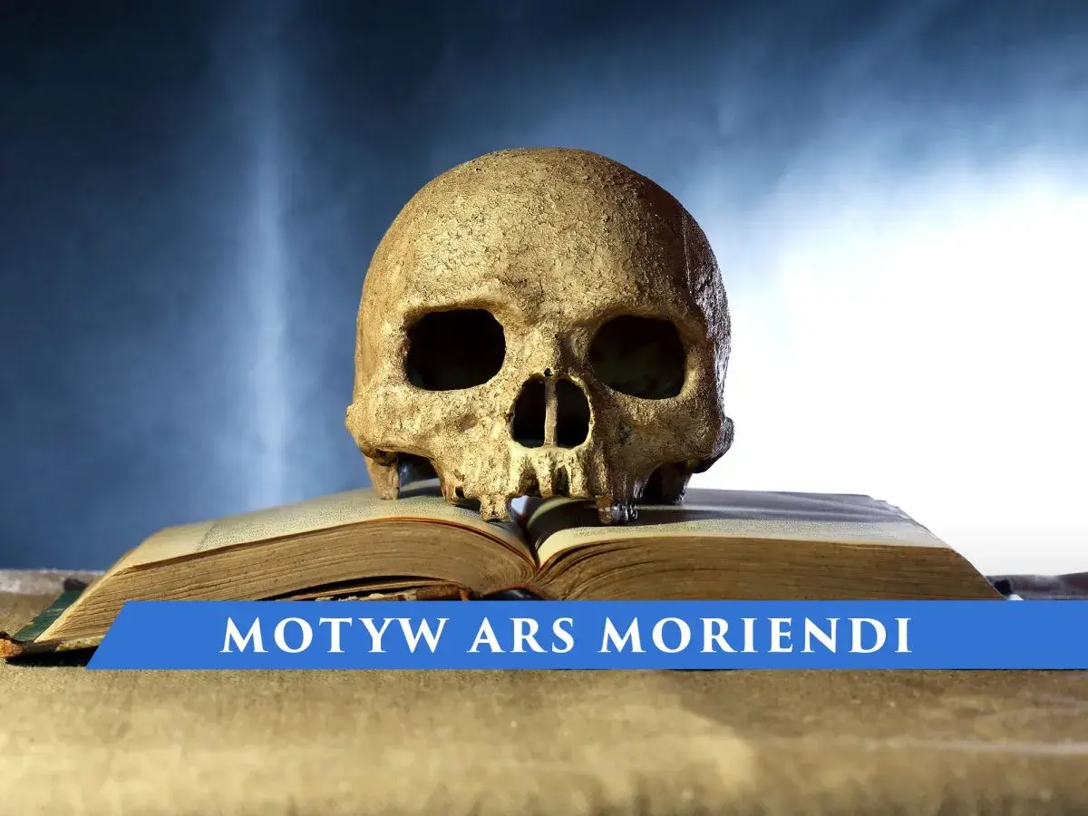 Czaszka na otwartej księdze na tle granatowego nieba z napisem "MOTYW ARS MORIENDI".
