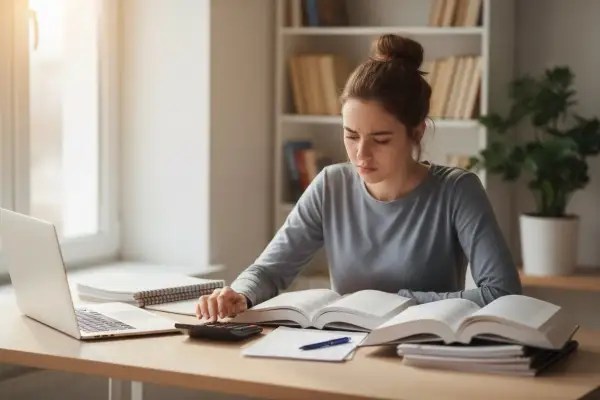 Młoda kobieta z włosami upiętymi w kok uczy się do matury, korzystając z laptopa, książek i kalkulatora.