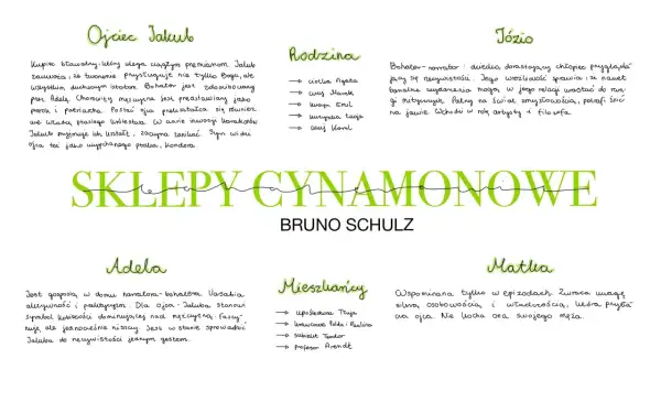 Ręcznie pisane notatki z analizą postaci i rodziny z "Sklepów cynamonowych" Bruna Schulza.