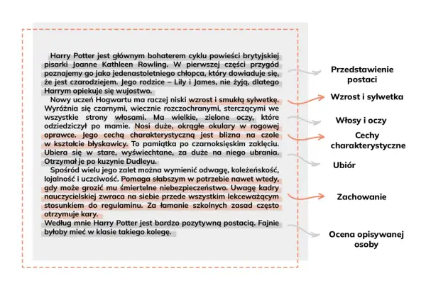 Fragment tekstu o Harrym Potterze z wyróżnionymi cechami postaci i ich opisami.