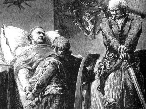 Ilustracja z "Pana Tadeusza": chory leży w łóżku, obok niego klęczy młody mężczyzna, a po prawej stoi z mieczem kapitan Ryków.