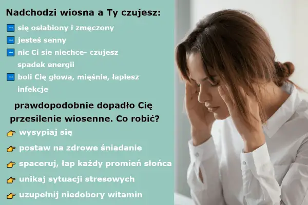 Kobieta z rękami na skroniach, odczuwająca ból głowy i zmęczenie.