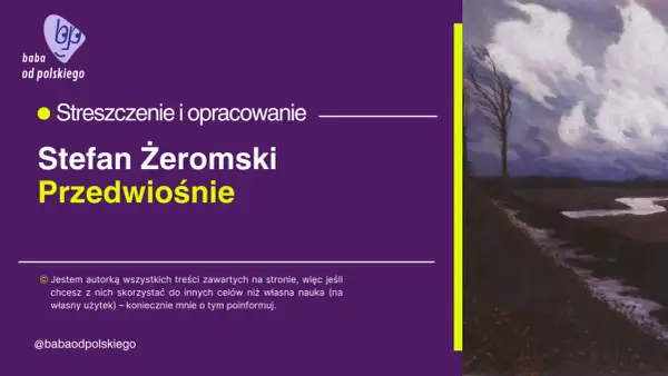 Obraz przedstawia fragment malowidła z drzewem na tle burzowego nieba i tekst "Stefan Żeromski Przedwiośnie".