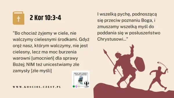 Ilustracja przedstawia dwie sylwetki wojowników walczących ze sobą, symbolizujące walkę duchową.