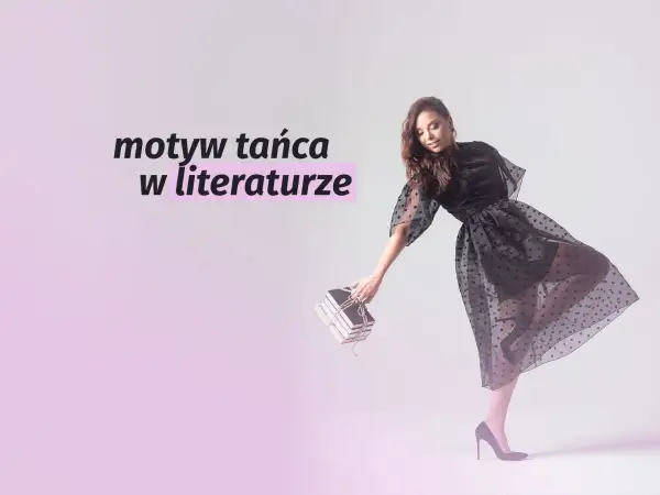 Kobieta w czarnej sukience tańczy, trzymając stos książek.