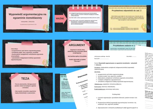 Grafika przedstawia materiały edukacyjne dotyczące wypowiedzi argumentacyjnej na egzaminie ósmoklasisty.