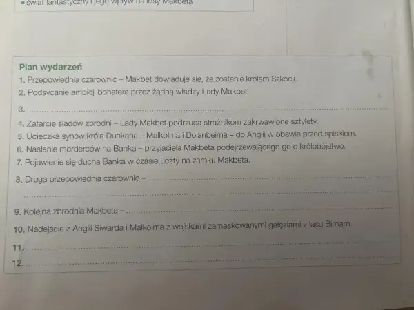 Plan wydarzeń z Makbeta: przepowiednia czarownic, podsycane ambicje, morderstwa, ucieczka synów króla.