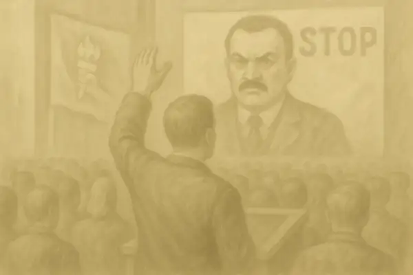 Mężczyzna z podniesioną ręką przed tłumem i portretem surowego przywódcy z napisem "STOP".