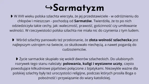 Strzałka i tekst "Sarmatyzm" na jasnoszarym tle.