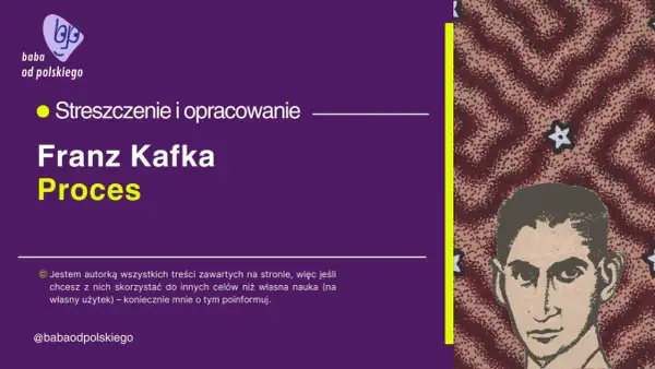 Ilustracja z portretem Franza Kafki i tekstem "Proces".