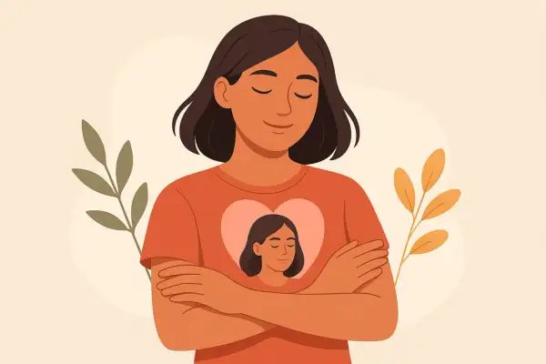 Ilustracja kobiety obejmującej się, z jej podobizną w sercu na koszulce.