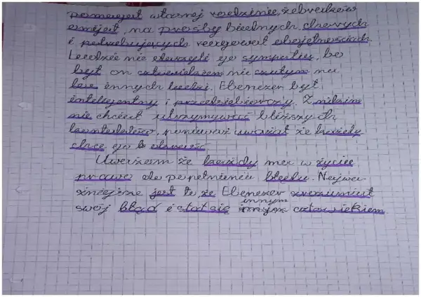 Ręcznie pisany tekst fioletowym długopisem na kratkowanym papierze.
