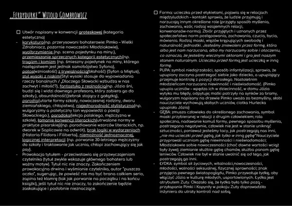 Fragment tekstu z "Ferdydurke" Witolda Gombrowicza, z podziałem na punkty.