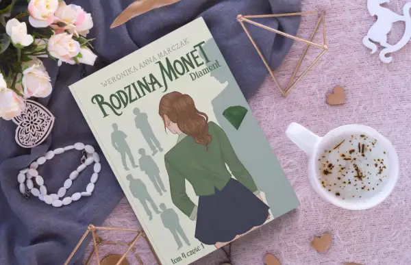 Okładka książki "Rodzina Monet: Diament" z dziewczyną i sylwetkami rodziny.