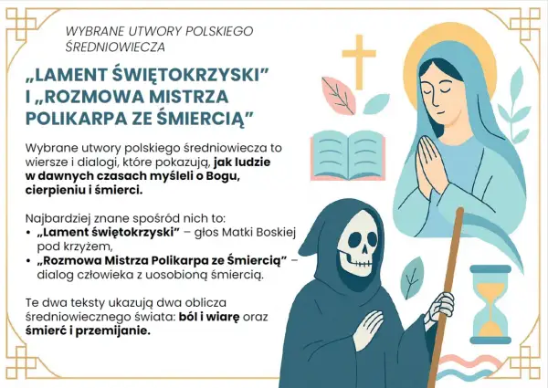 Postać Śmierci, modląca się Matka Boska, krzyż, księga i klepsydra.