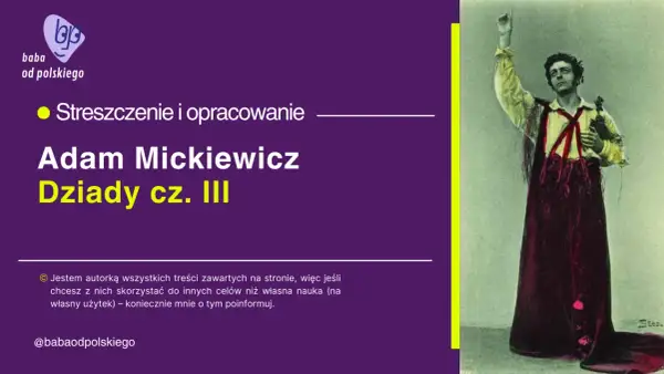 Grafika z portretem mężczyzny w stroju ludowym i tekstem "Adam Mickiewicz Dziady cz. III".