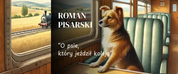 Pies siedzi w pociągu, patrząc przez okno na mijający krajobraz i przejeżdżający pociąg.