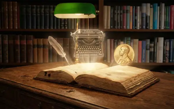 Otwarta księga, pióro, maszyna do pisania i medal Nobla na tle biblioteczki.