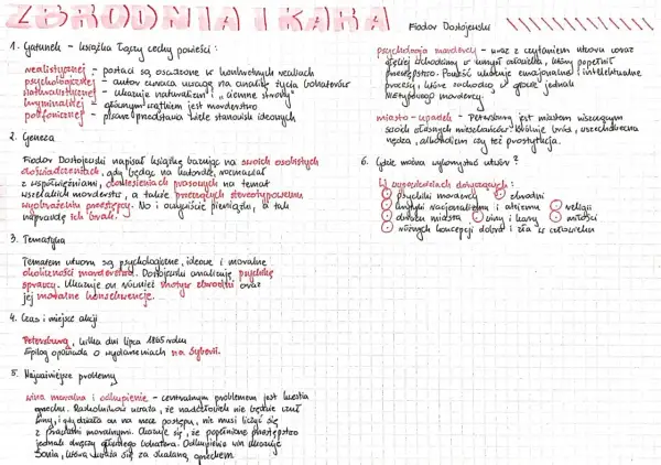 Ręcznie pisany tekst na kratkowanym papierze, tytuł "Zbrodnia i kara" i podpunkty.