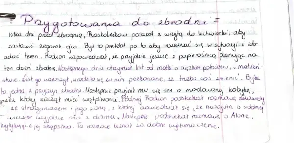 Ręcznie pisany tekst na kartce w kratkę, tytuł "Przygotowania do zbrodni".