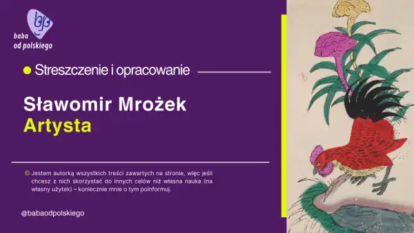 Grafika z kogutem i kwiatami, obok tekst: "Sławomir Mrożek Artysta".
