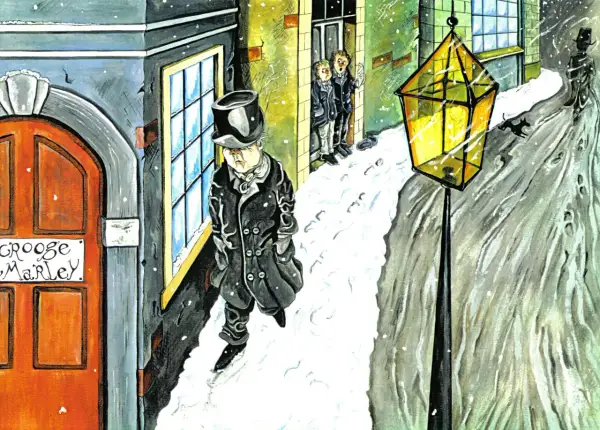Ilustracja przedstawia Ebenzera Scrooge'a w czapce i płaszczu, idącego w śnieżny wieczór ulicą.