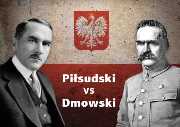 Portret Józefa Piłsudskiego i Romana Dmowskiego na tle flagi Polski.