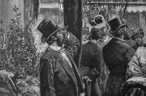 Ilustracja z "Lalki": mężczyźni w cylindrach i kobiety w strojach z epoki, w tle instrumenty muzyczne.