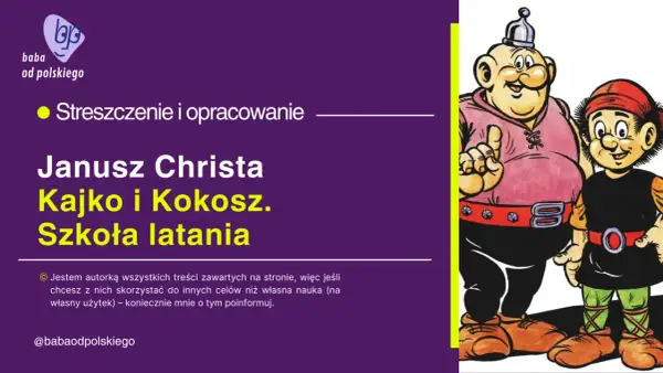 Kajko i Kokosz, dwaj bohaterowie komiksu, na tle fioletowego tła z tekstem.