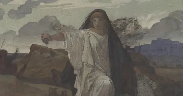 Antygona w białej todze i czarnym welonie, trzymająca kamień, na tle gór i miasta.
