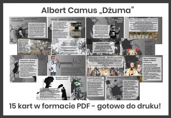 Kolaż grafik i fragmentów tekstu o "Dżumie" Alberta Camusa.