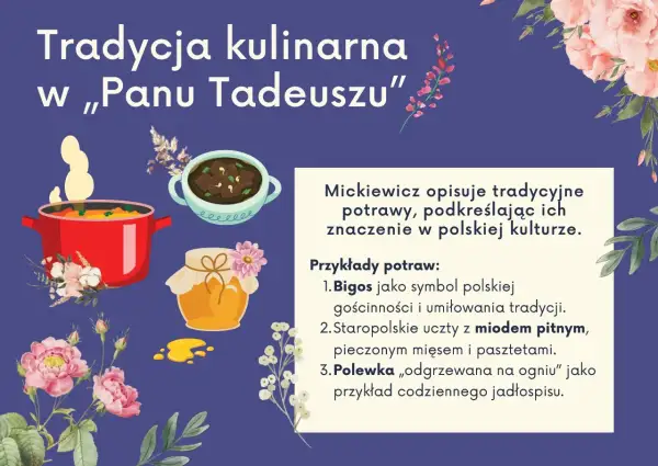 Ilustracja przedstawia garnek z gotującym się jedzeniem, miseczkę z potrawką i słoik miodu, otoczone kwiatami.