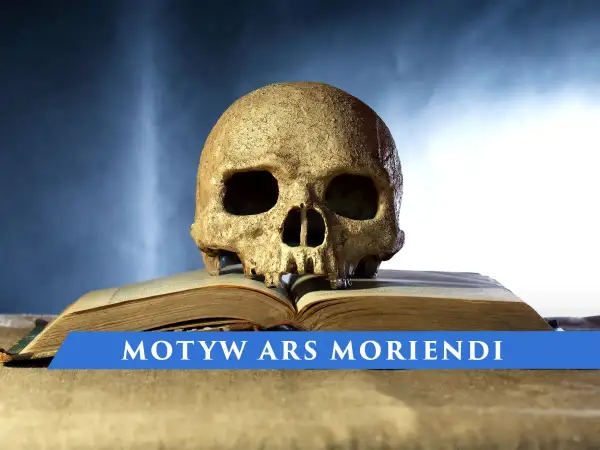 Czaszka na otwartej księdze na tle granatowego nieba z napisem "MOTYW ARS MORIENDI".